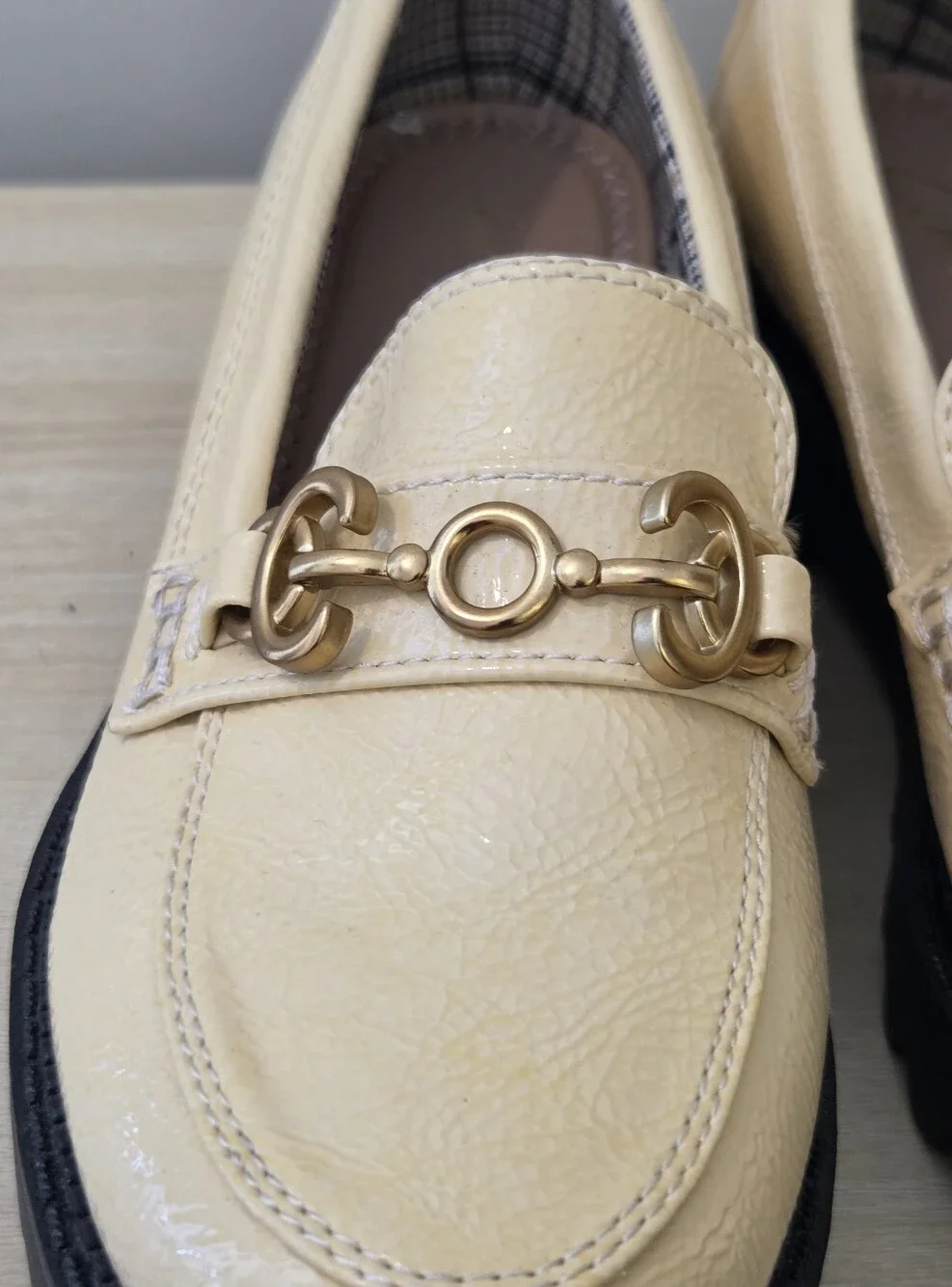 Circus Cream Patent Leather Loafers with Gold Horsebit